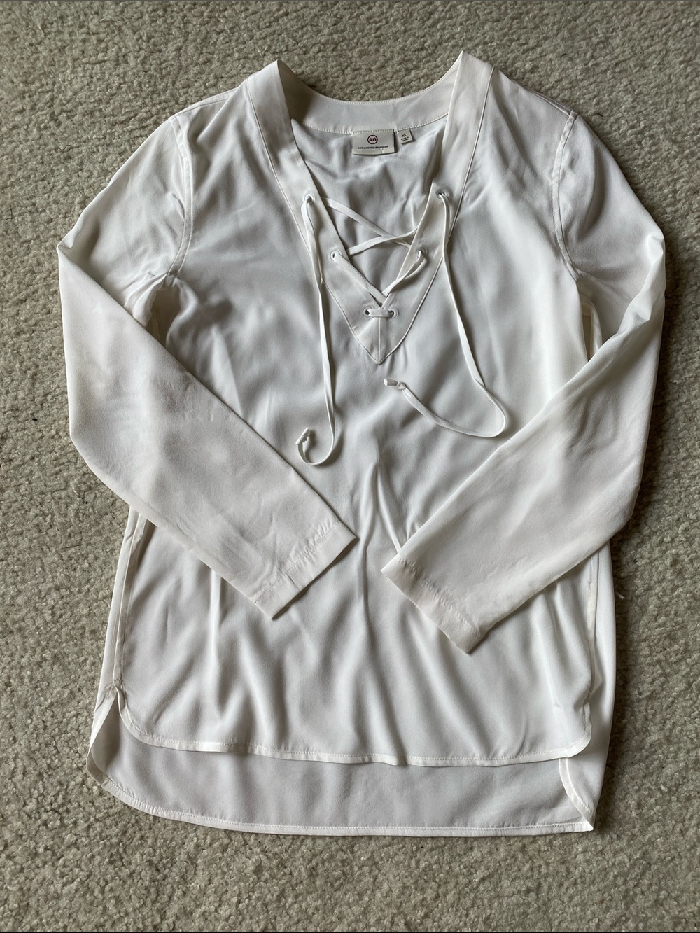 Adriano Goldschmied white silk tunic with lace up front, size XS, NWOT